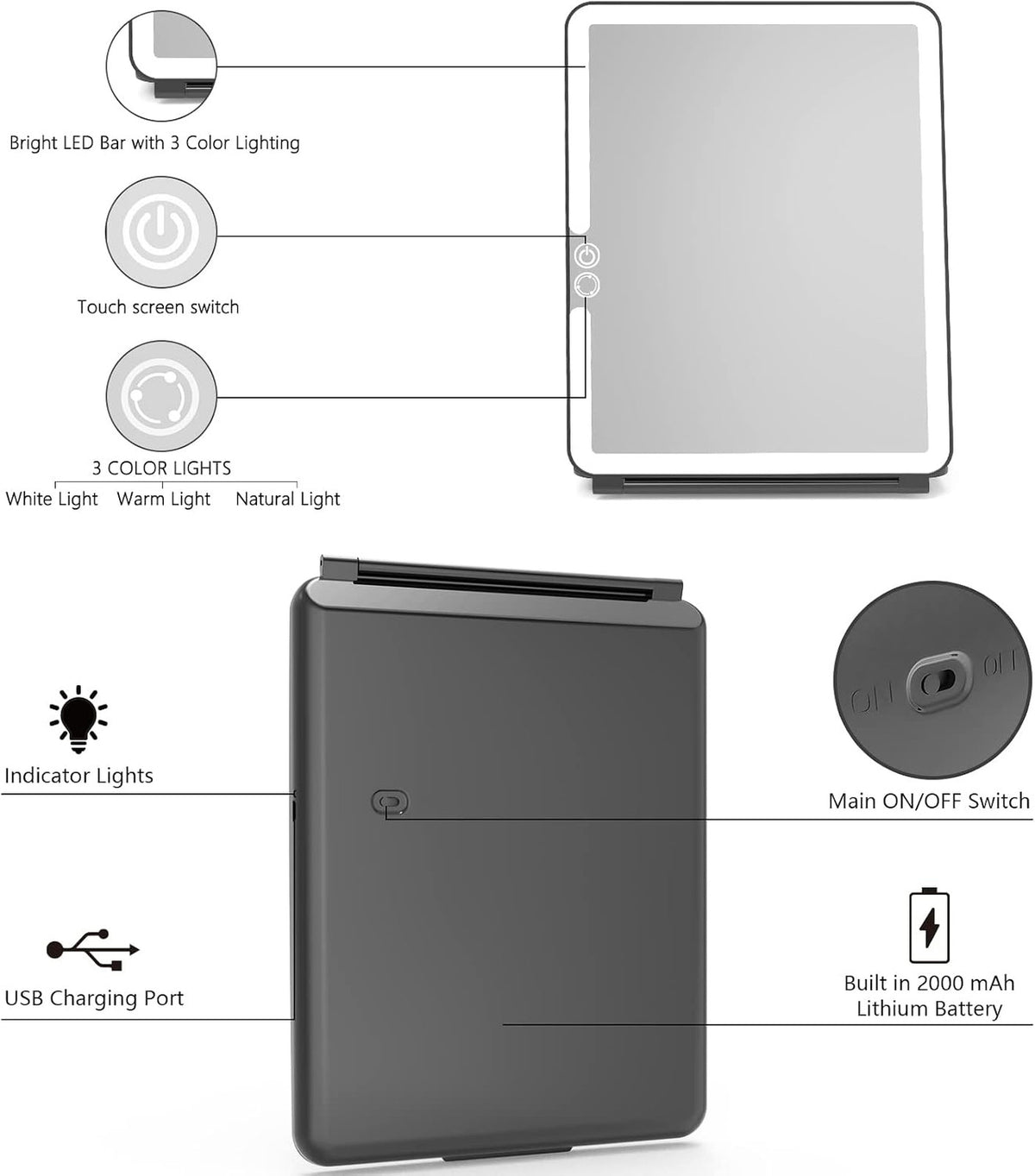 Portable Travel Makeup Mirror with Dimmable LED Lights, Touch Screen, Compact