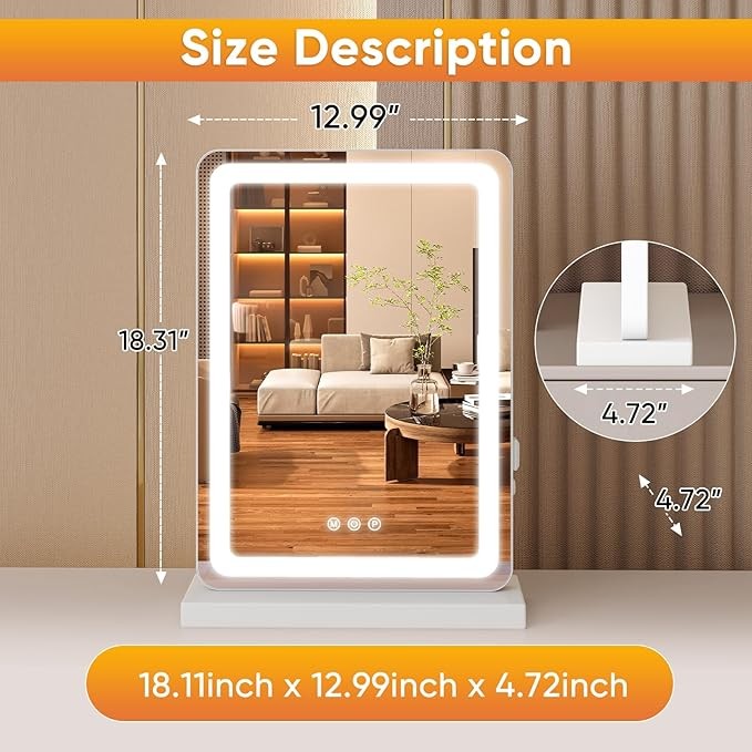 LED Vanity Mirror for Desk with Dimmable 3 Color Modes, Memory Function & USB Charging