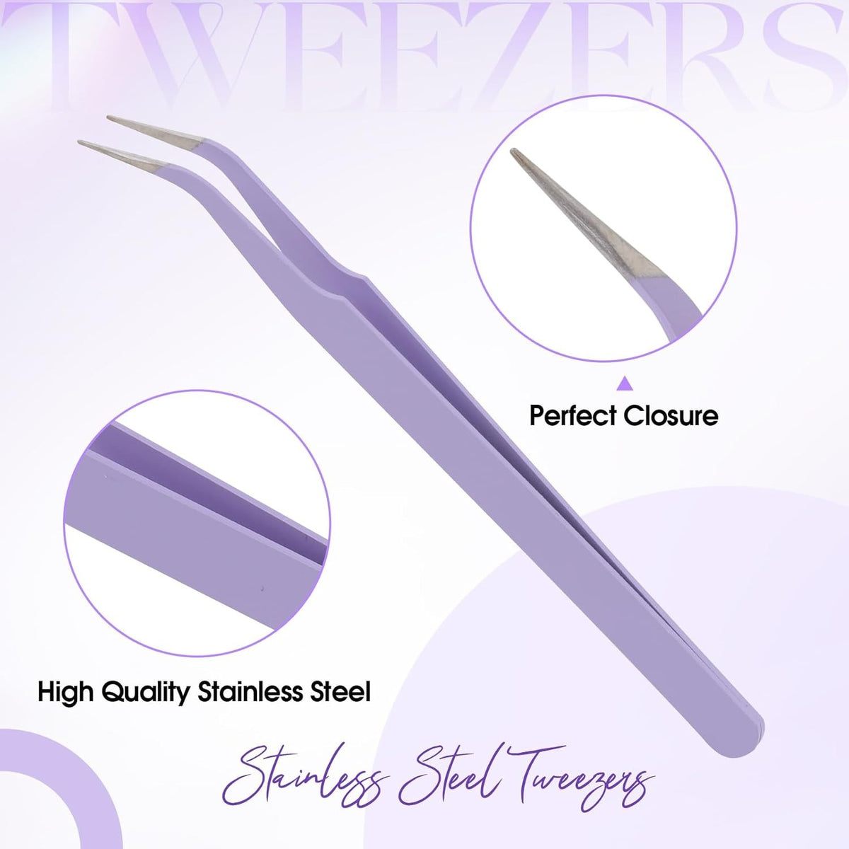 Professional Eyelash Tweezers Set - Stainless Steel Purple Lash Applicator Tool