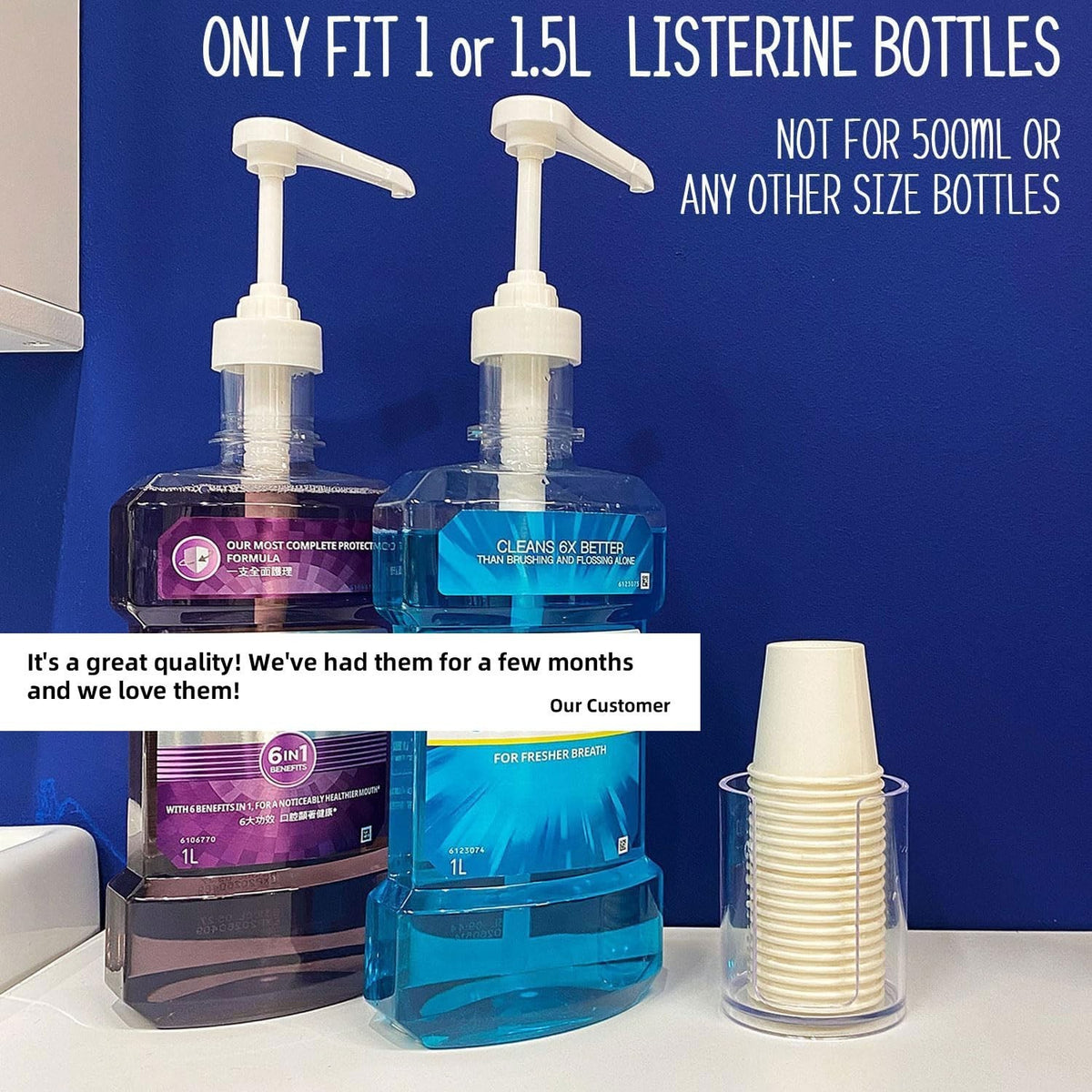 Mouthwash Dispenser Pumps for 1.5L Bottles with Cup Holders - Reusable & BPA-Free