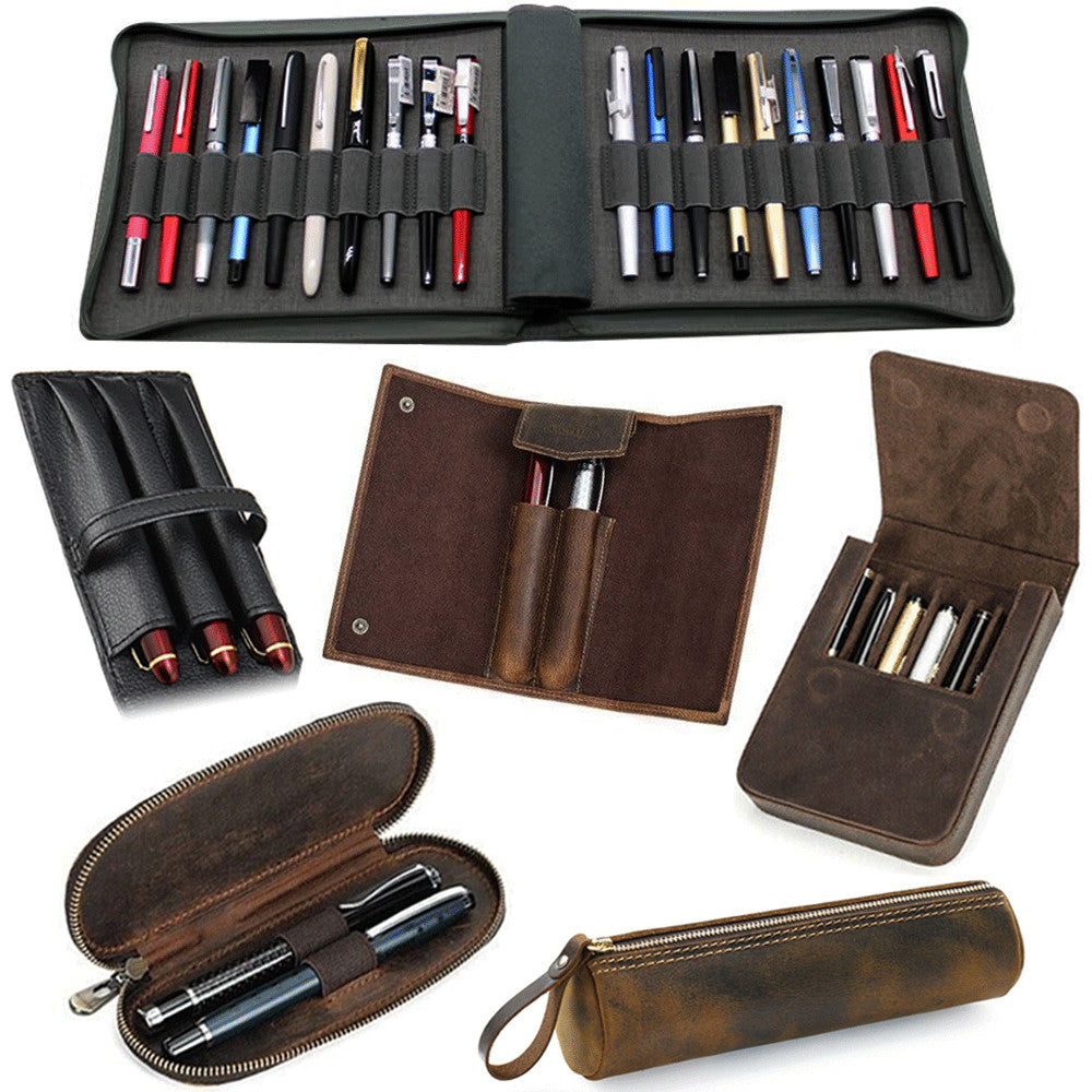 Handmade Cowhide Leather Pen Pouch Zipper Pencil Case Stationery Storage