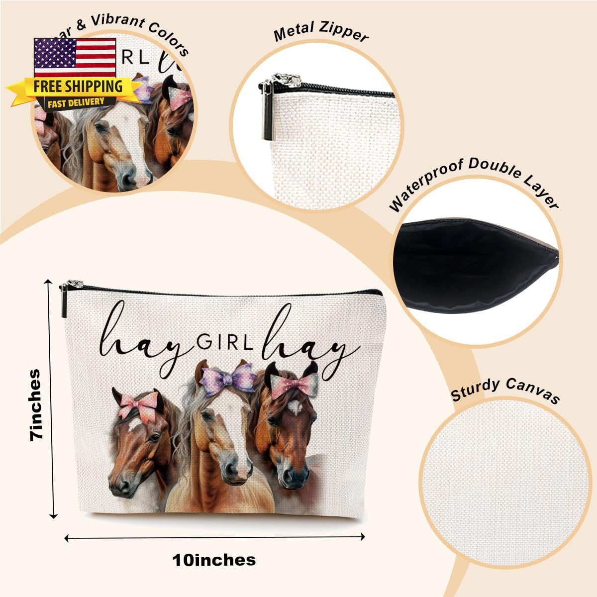 Horse Lover Makeup Bag Western Country Girl Gift Waterproof Canvas
