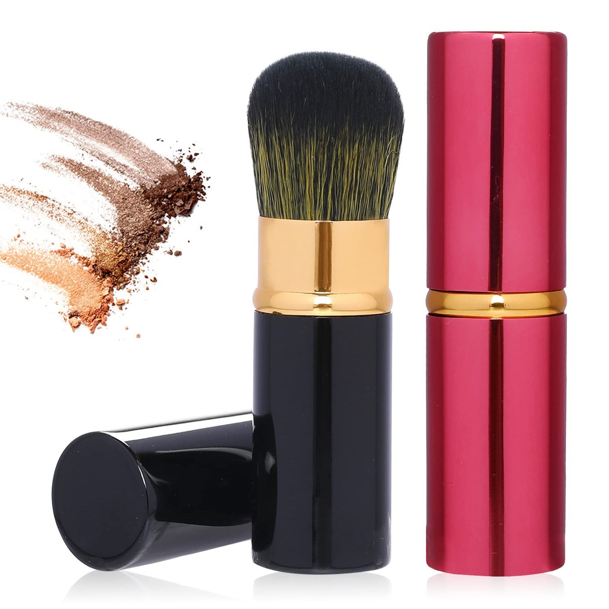 Retractable Makeup Brush Set - 2pcs Portable Kabuki Brushes Black