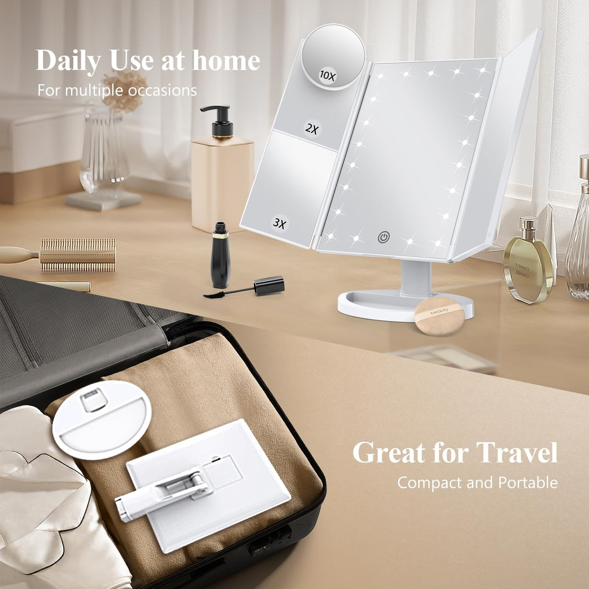 Magnifying Vanity Mirror with Lights 2X 3X 10X Trifold Makeup Mirror Portable LED