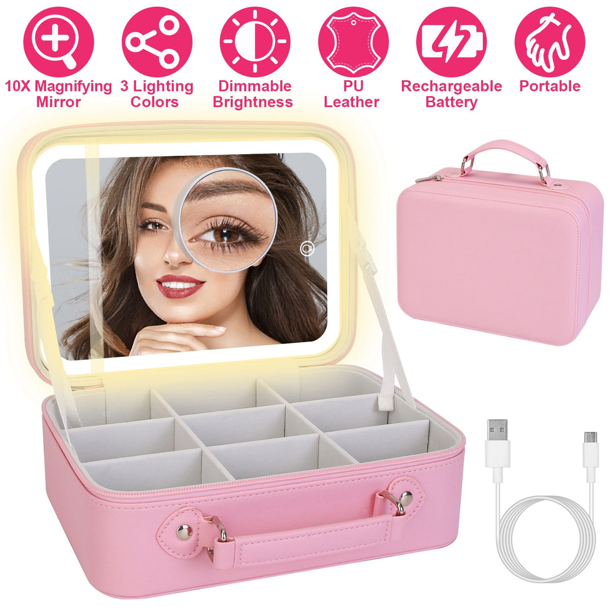Pink Travel Makeup Bag with LED Lighted Mirror - 3 Brightness Settings
