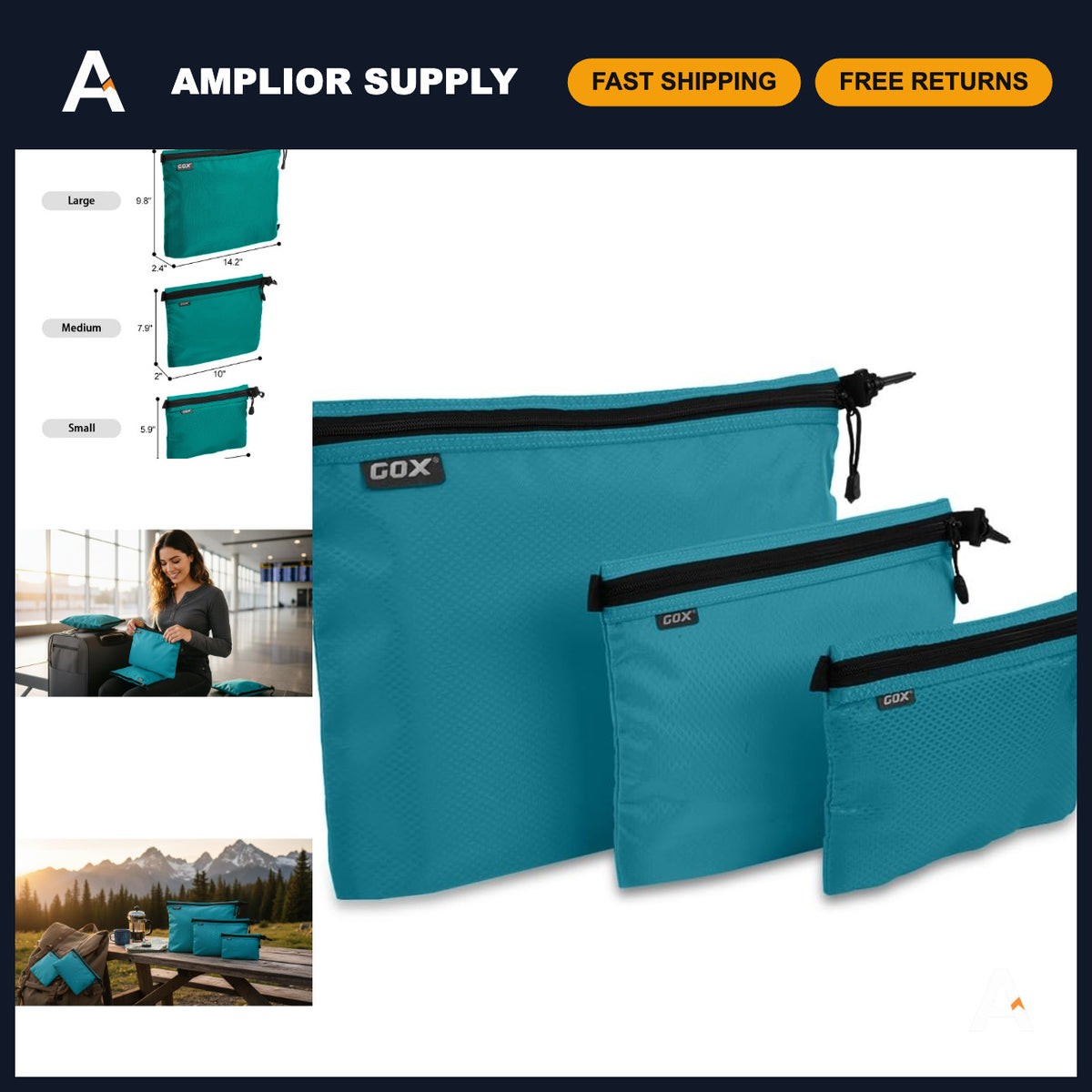 Travel Toiletry Bag Set - 3 Pcs Waterproof Organizer with Expandable Bottoms