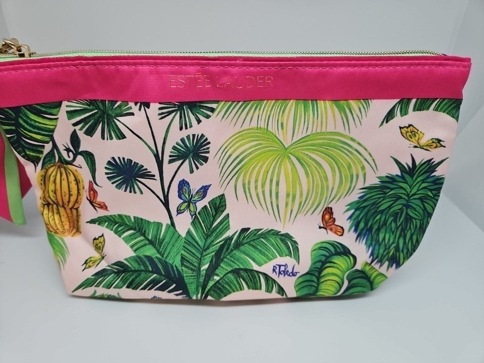 Estée Lauder Ruben Toledo Tropical Cosmetic Makeup Bag Pink Green 6x10x3 Inches