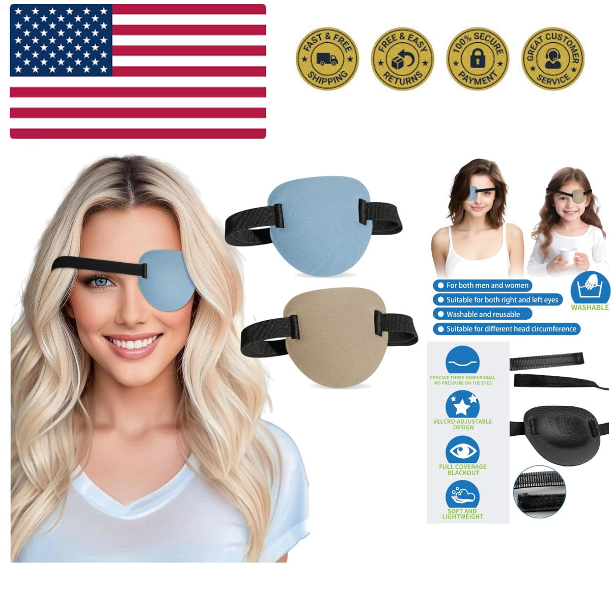 Adjustable Medical Eye Patches for Adults and Kids - Amblyopia & Lazy Eye Cover, 2 Pack