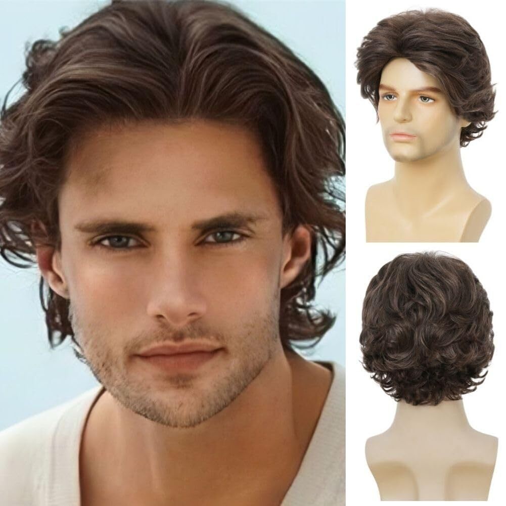 Men Short Curly Brown Wig Fluffy Synthetic Hair for Daily Wear