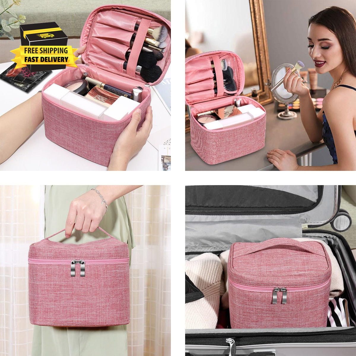 Large Travel Makeup Bag with Mesh Pouch and Organizer - Pink