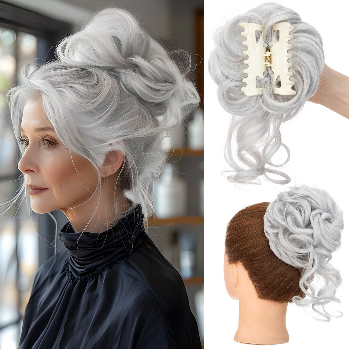 Thick Messy Curly Hair Bun Claw Clip Extensions - Multiple Colors & Lengths
