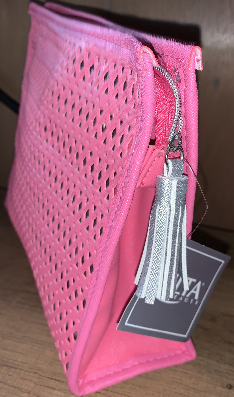 Makeup Cosmetic Bag with Coral Pink Diamond Cutout and Silver Zipper Tassel
