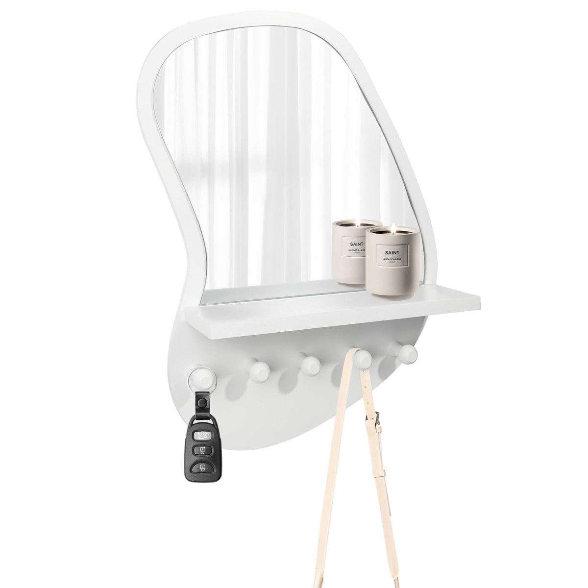 Wall Mount Wood Frame Irregular Mirror with Shelf & Hooks for Entryway, Bedroom, Living Room