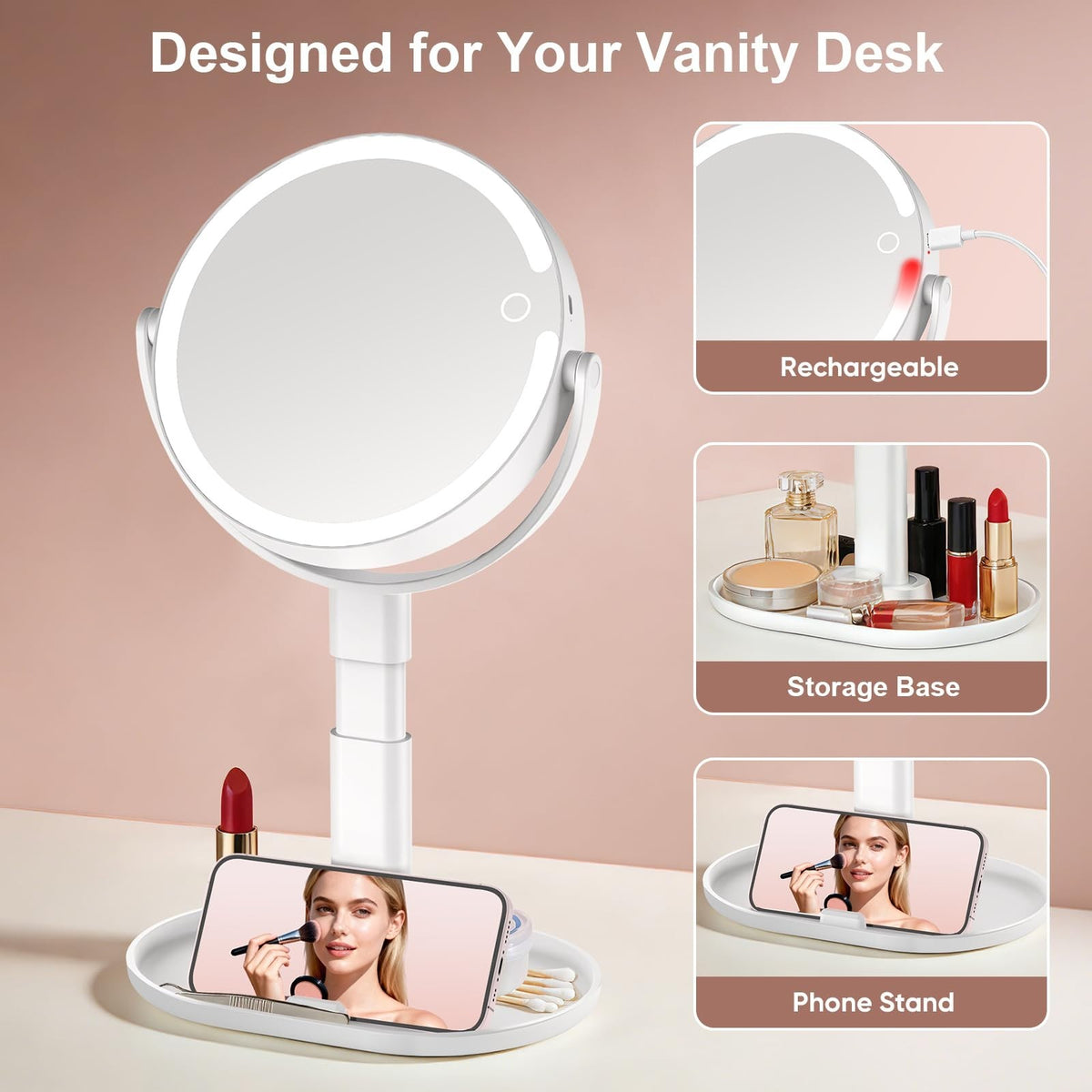 Rechargeable LED Lighted Makeup Mirror with 10X Magnification and Adjustable Height