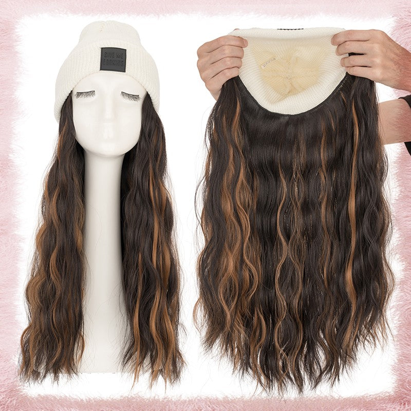 Women Knitted Wavy Wig Winter Beanie Hat - Long Curly Synthetic Hair