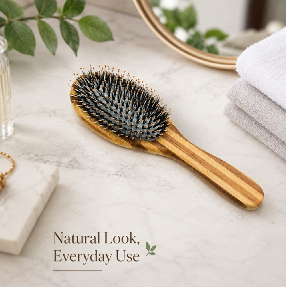 Bamboo Boar Bristle Hair Brush for Thick Curly Fine Hair - Scalp Massage Comb