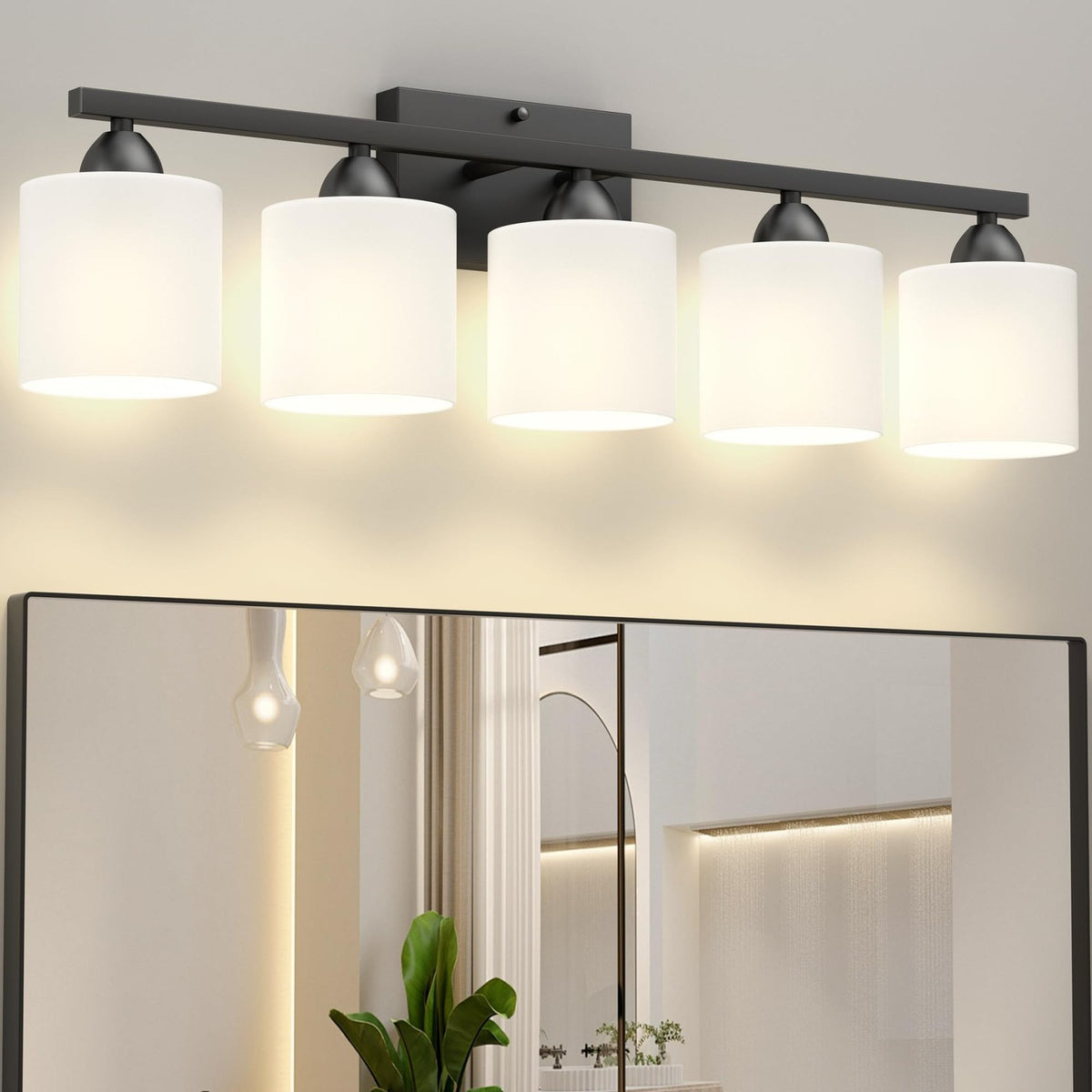 Black Bathroom Vanity Light Fixture with 5 White Glass Shades - Modern Wall Sconce