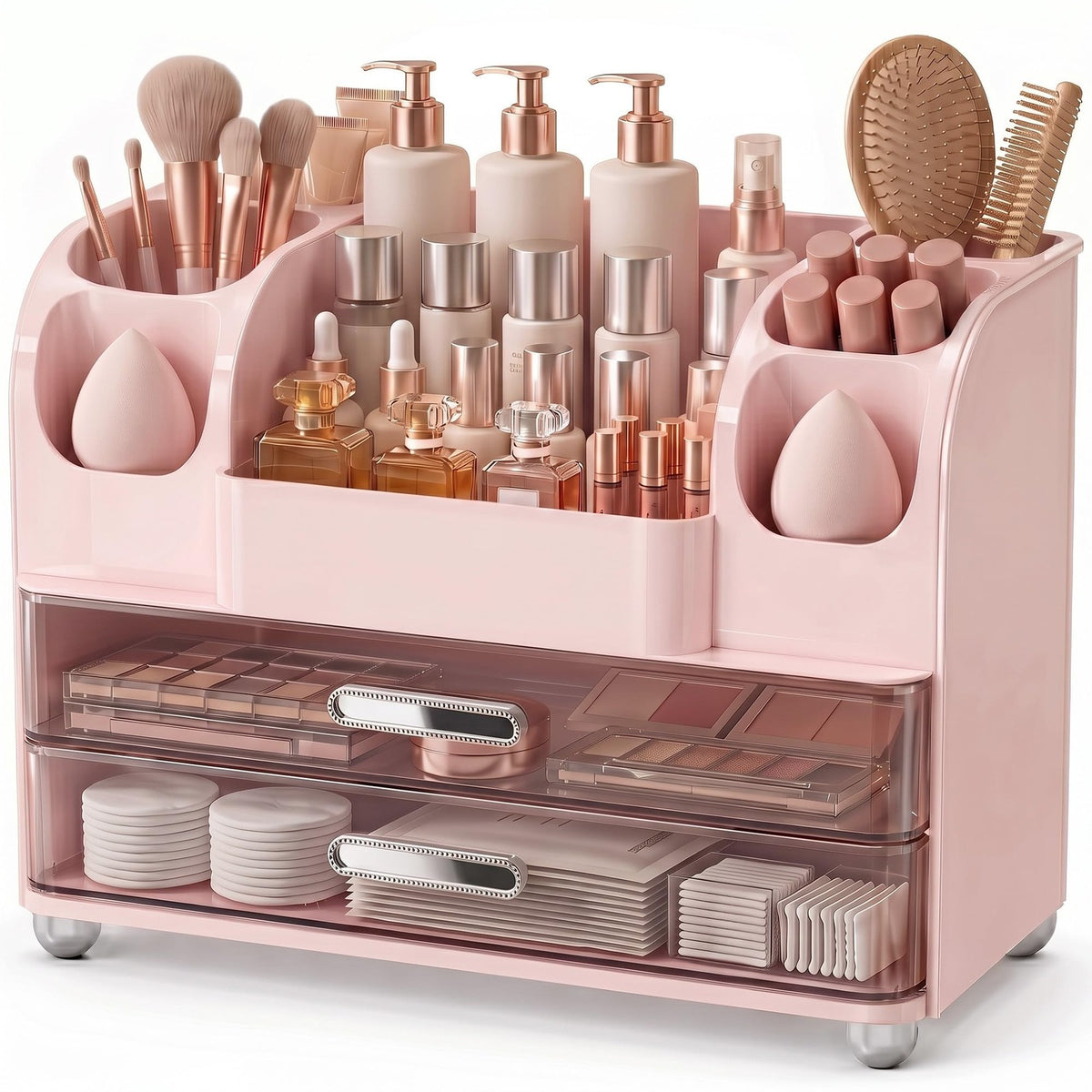 Large Makeup Organizer for Vanity Countertop with Drawers and Side Slots