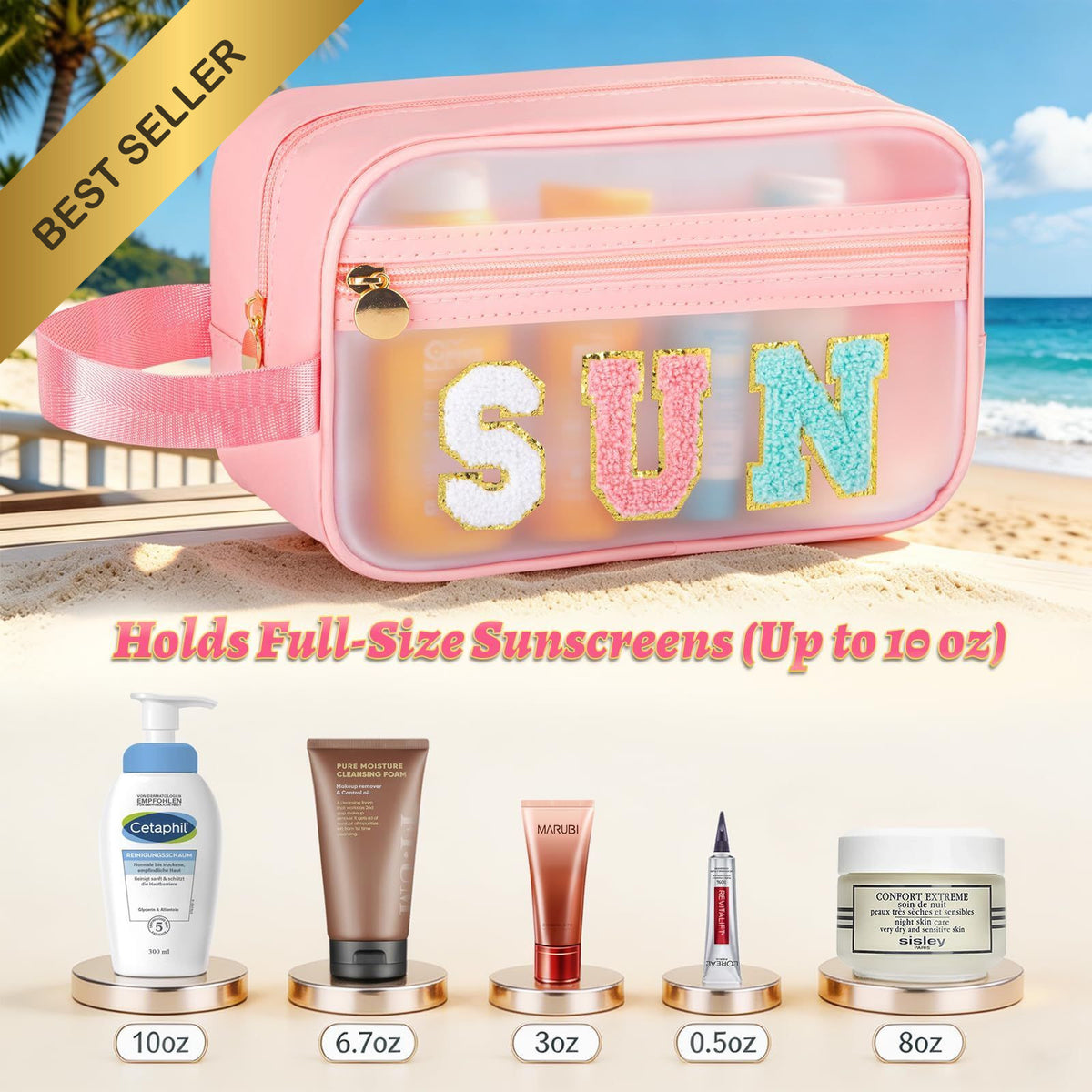 Waterproof Clear Sunscreen Bag for Beach Pool Travel - Organize SPF & Cosmetics