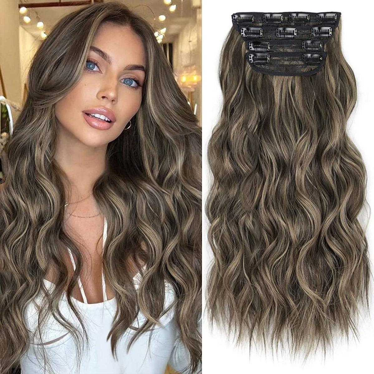 4PCS Clip-In Wavy Hair Extensions Long Synthetic Weft - Natural Blonde to Brown