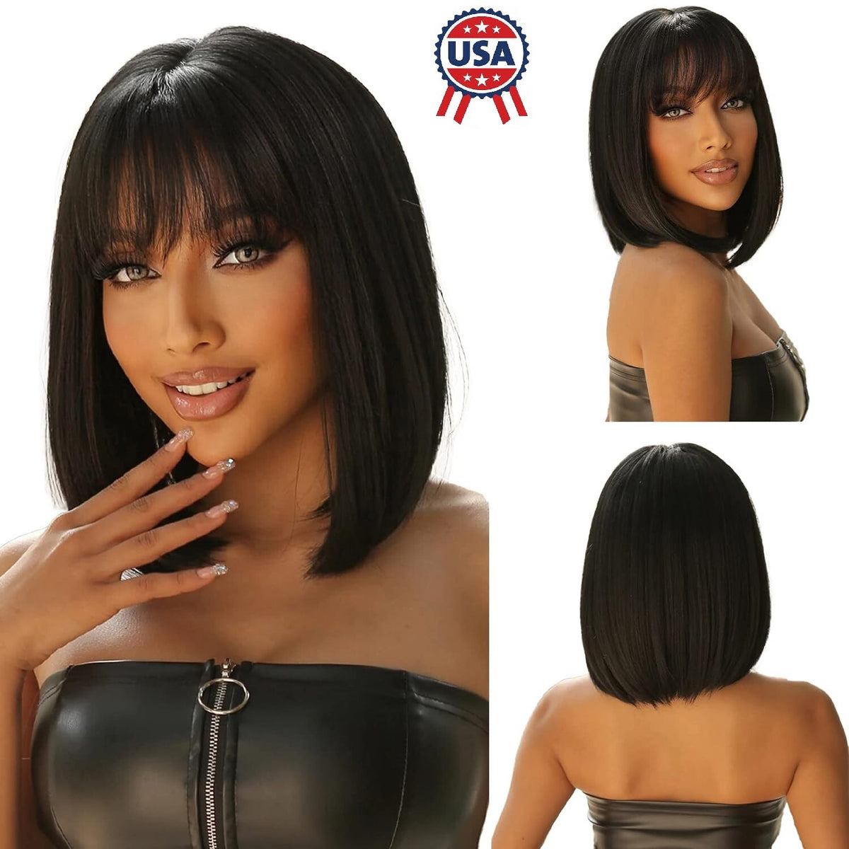 15in Bob Style Wigs for Women - Short Straight Black with Bangs Natural Look
