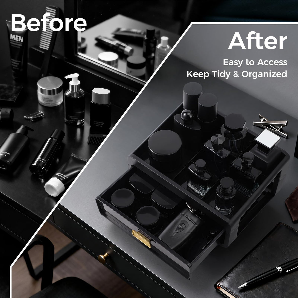 Men's Cologne Organizer with Drawers and Compartments - Bathroom Countertop Storage
