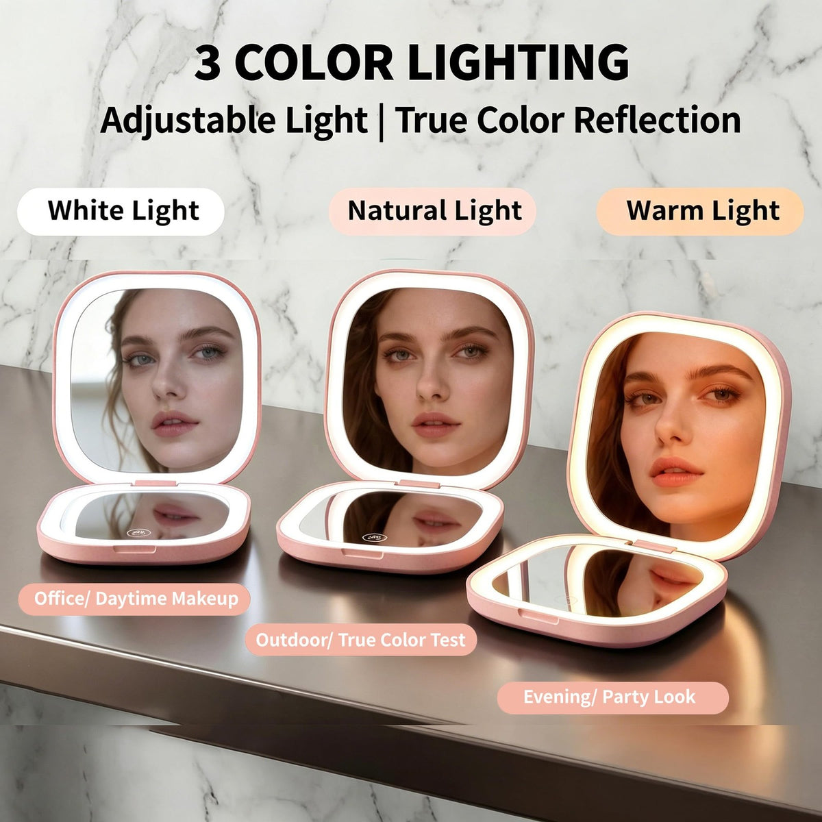 Pink LED Compact Mirror with 1X & 5X Magnification and 3 Light Settings