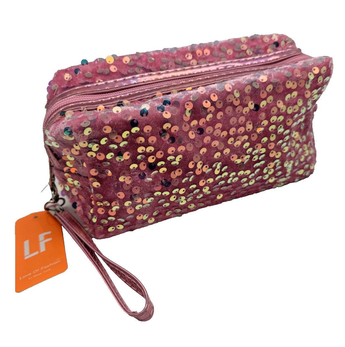 Pink Sequin Makeup Bag - Cosmetic Pouch with Zipper & Carrying Strap