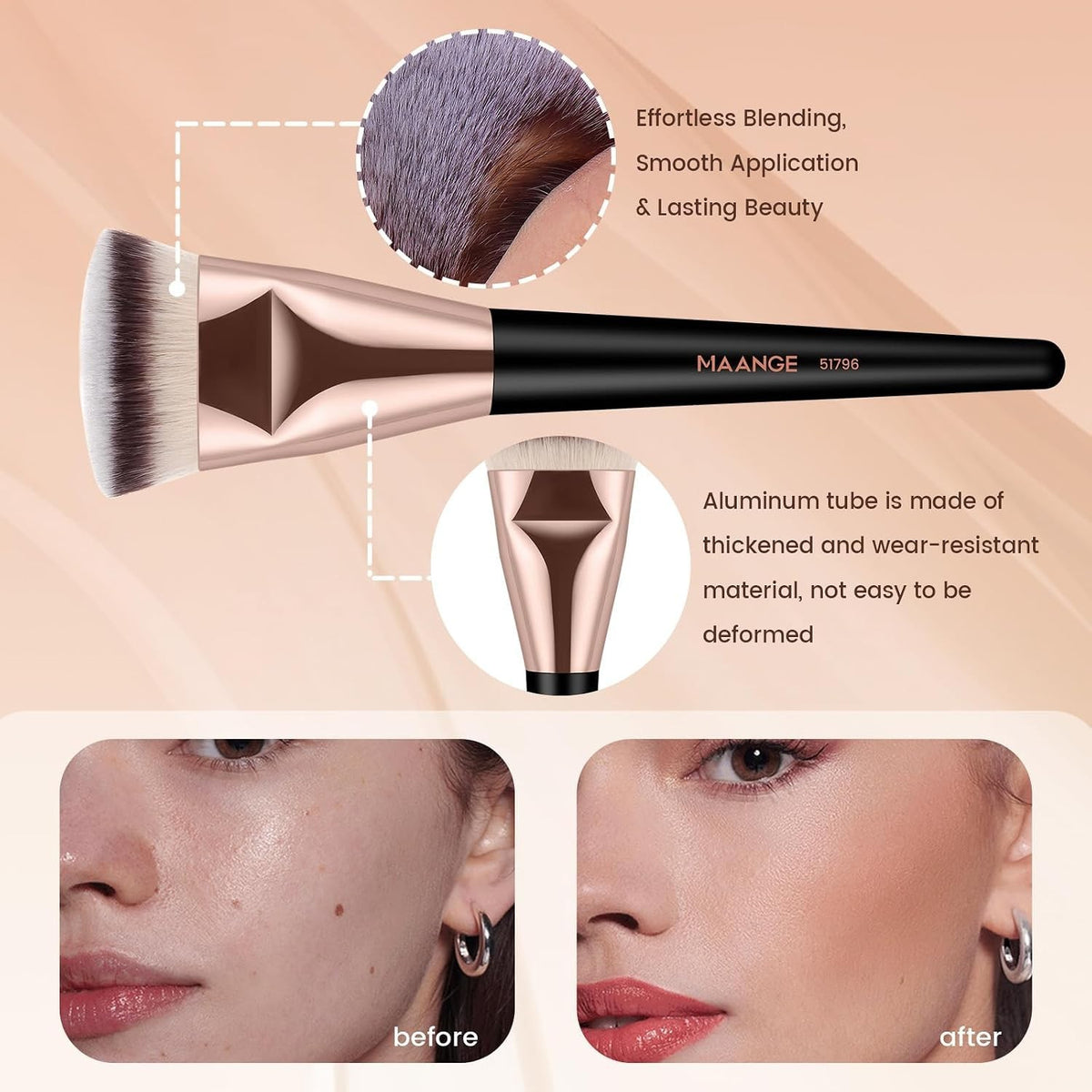 4-Piece Makeup Brush Set - Cruelty-Free Foundation, Concealer & Kabuki Brushes
