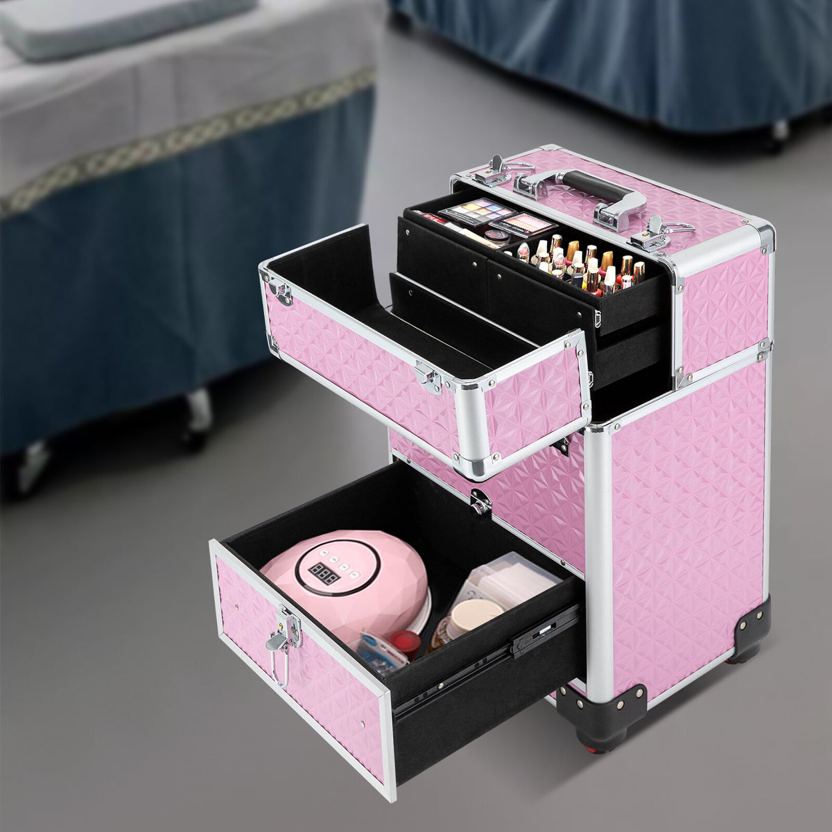 Pink Rolling Makeup Organizer Case with Wheels and Drawers
