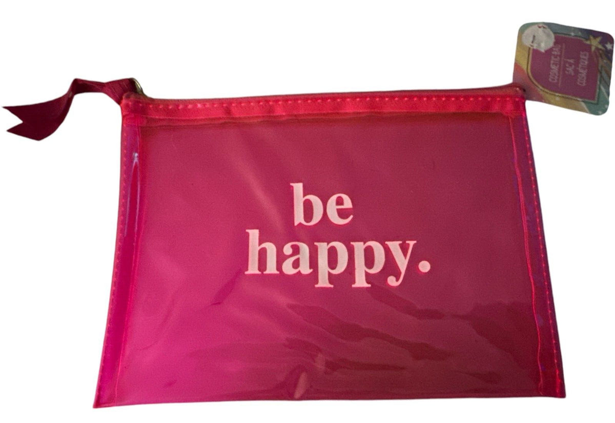 Hot Pink Transparent Cosmetic Toiletry Bag - Be Happy Phrase, 7.5x5.5in