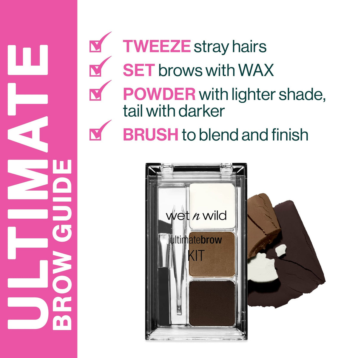 Wet N Wild Eyebrow Kit Dark Brown Powder Wax Tweezers Brush Mirror