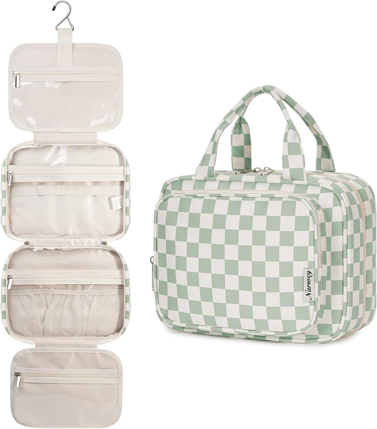 Travel Toiletry Bag with Hanging Organizer for Women and Men - Water-Resistant, Multiple Compartments, Checkered Design