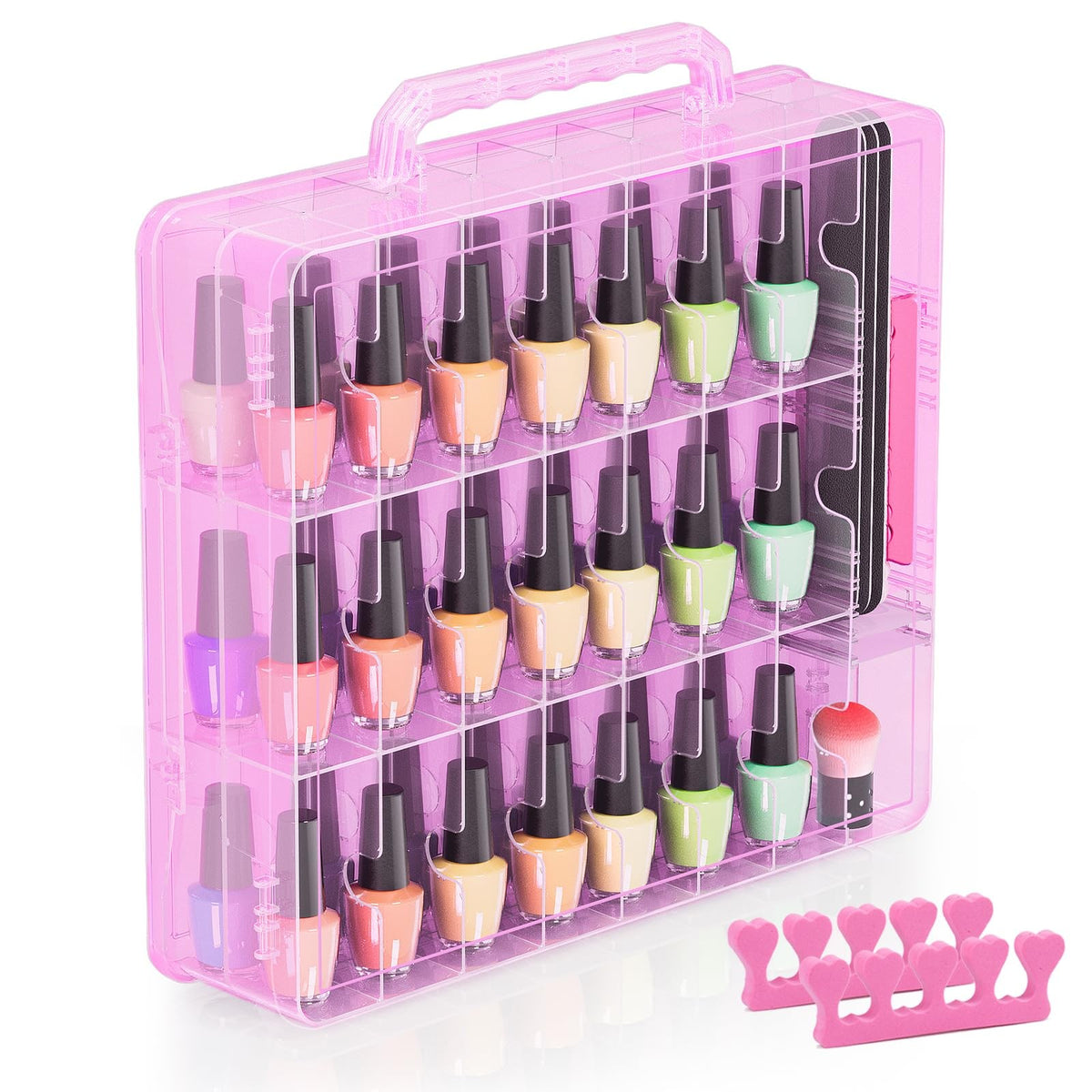 Pink Double-Side Nail Polish Organizer Case with Adjustable Dividers, Holds 48 Bottles