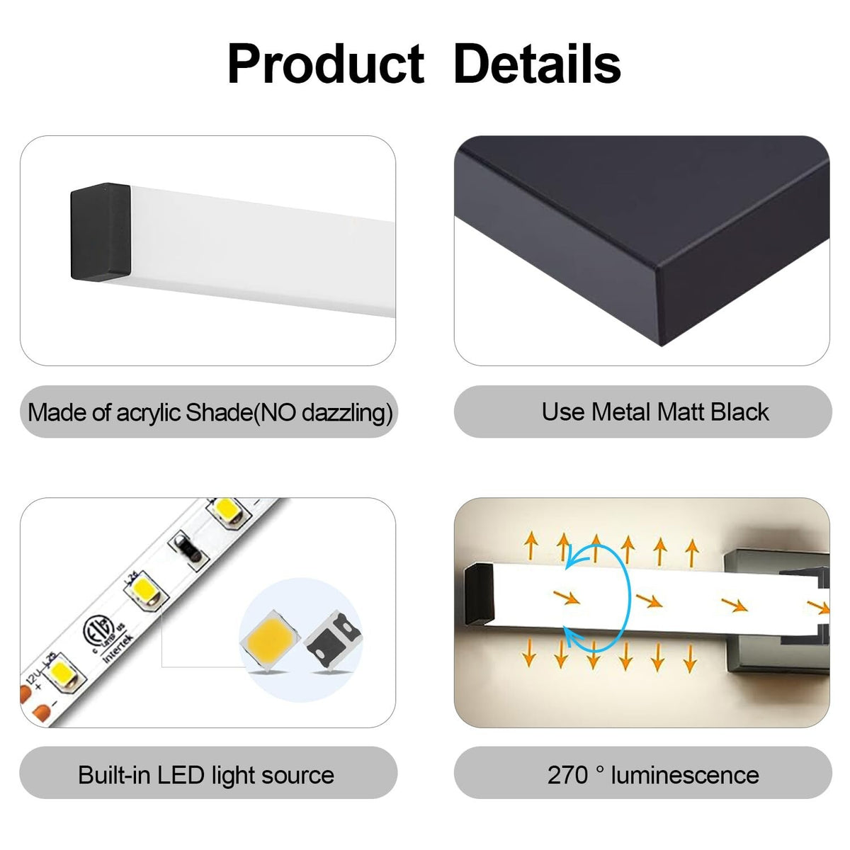 16-Inch LED Bathroom Vanity Light - Modern Black Wall Mount Fixture 5000K
