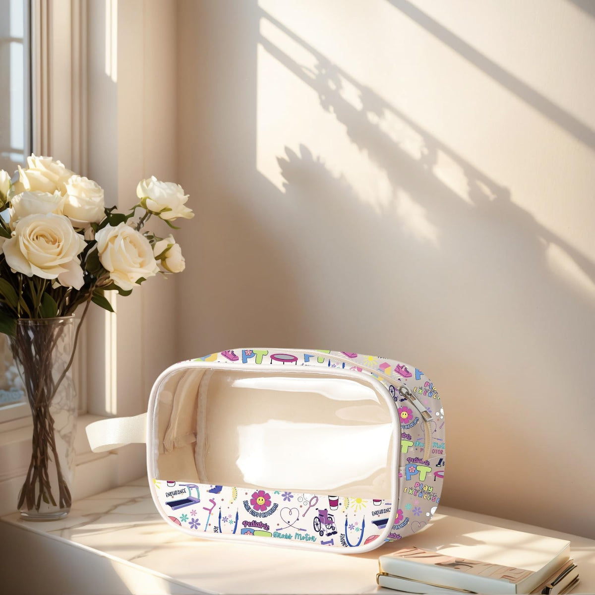 Clear Makeup Bag with Marble Print - Large Capacity Zippered Cosmetic Organizer
