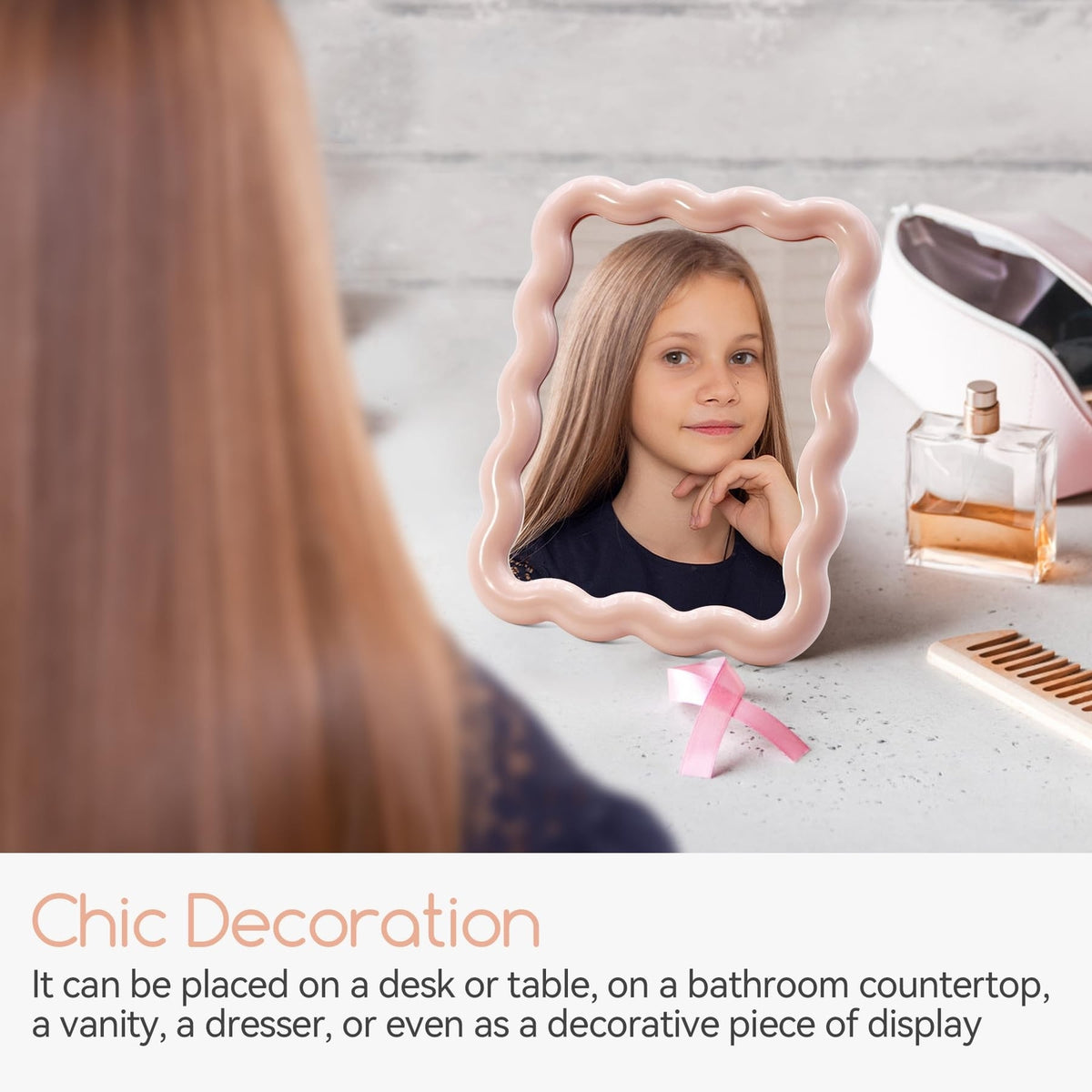 Wave-Shaped Desk Vanity Mirror - Portable Foldable Tabletop Makeup Mirror, Pink
