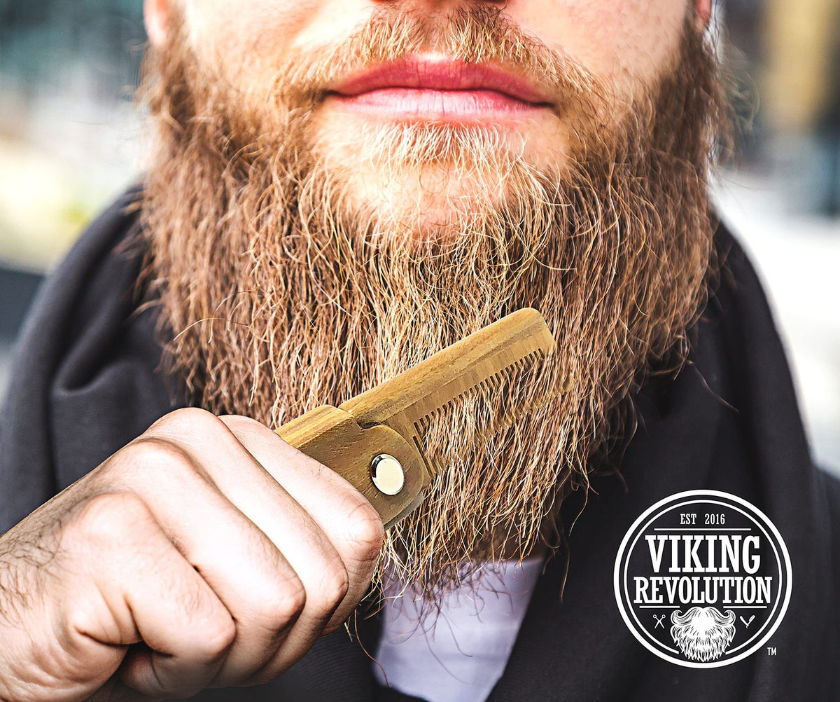 Folding Beard Comb with Wooden Teeth - Small Green Portable Grooming Tool