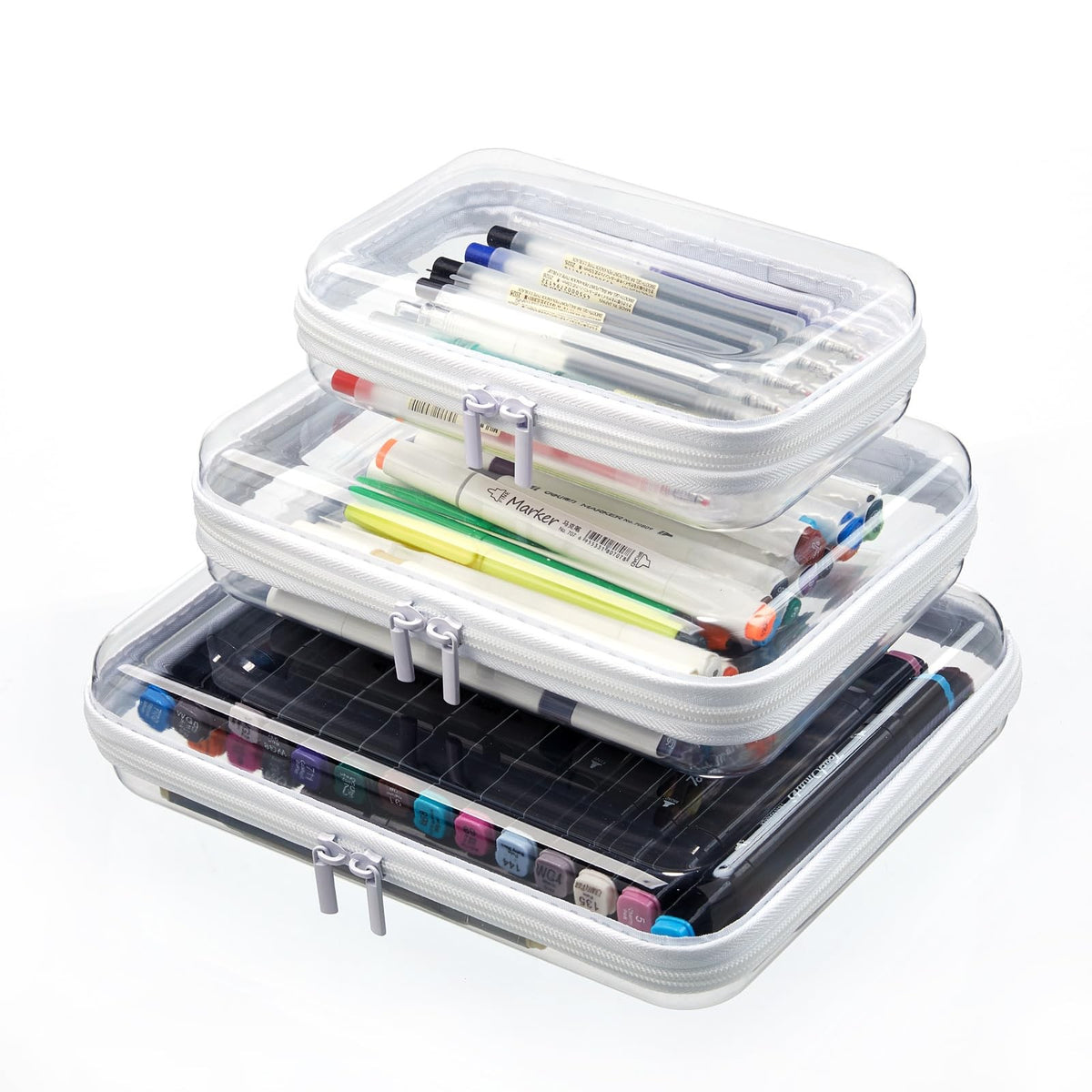 Transparent Hard Shell Zipper Organizer Cases 3-Pack L M S Storage Pouches