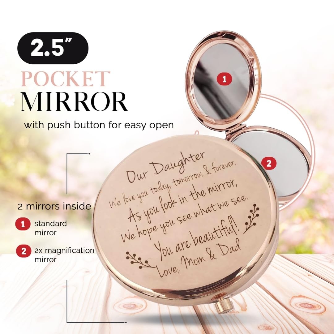 Personalized Rose Gold Compact Mirror with Engraving - Gift for Daughter