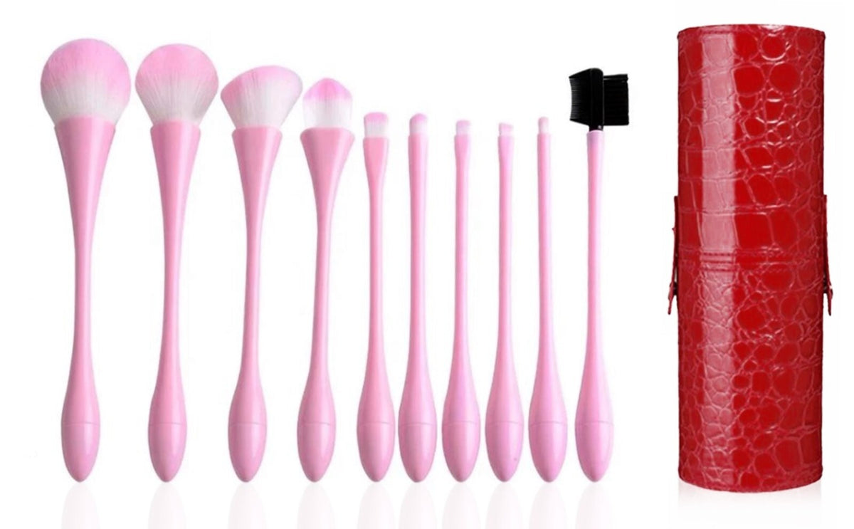 Makeup Brush Set with Pink Handle and Red Tube Case - 10 Professional Brushes