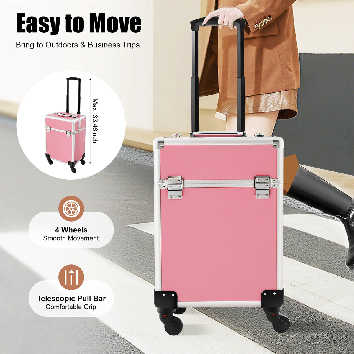 Pink Aluminum Cosmetic Train Case with Wheels & Large Storage