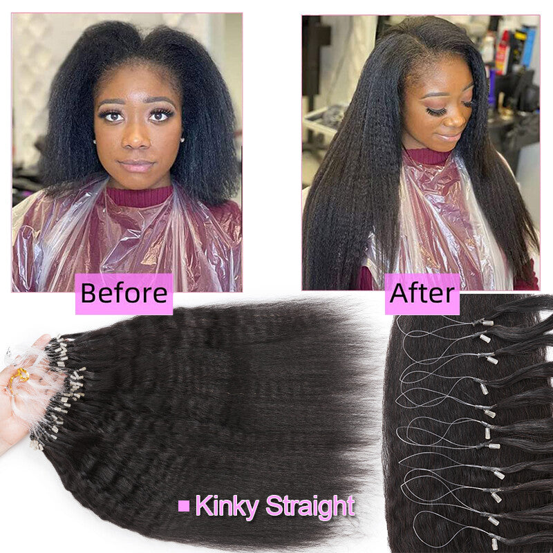 200PCS Micro Link Hair Extensions Human Hair Kinky Straight Yaki Loop Rings