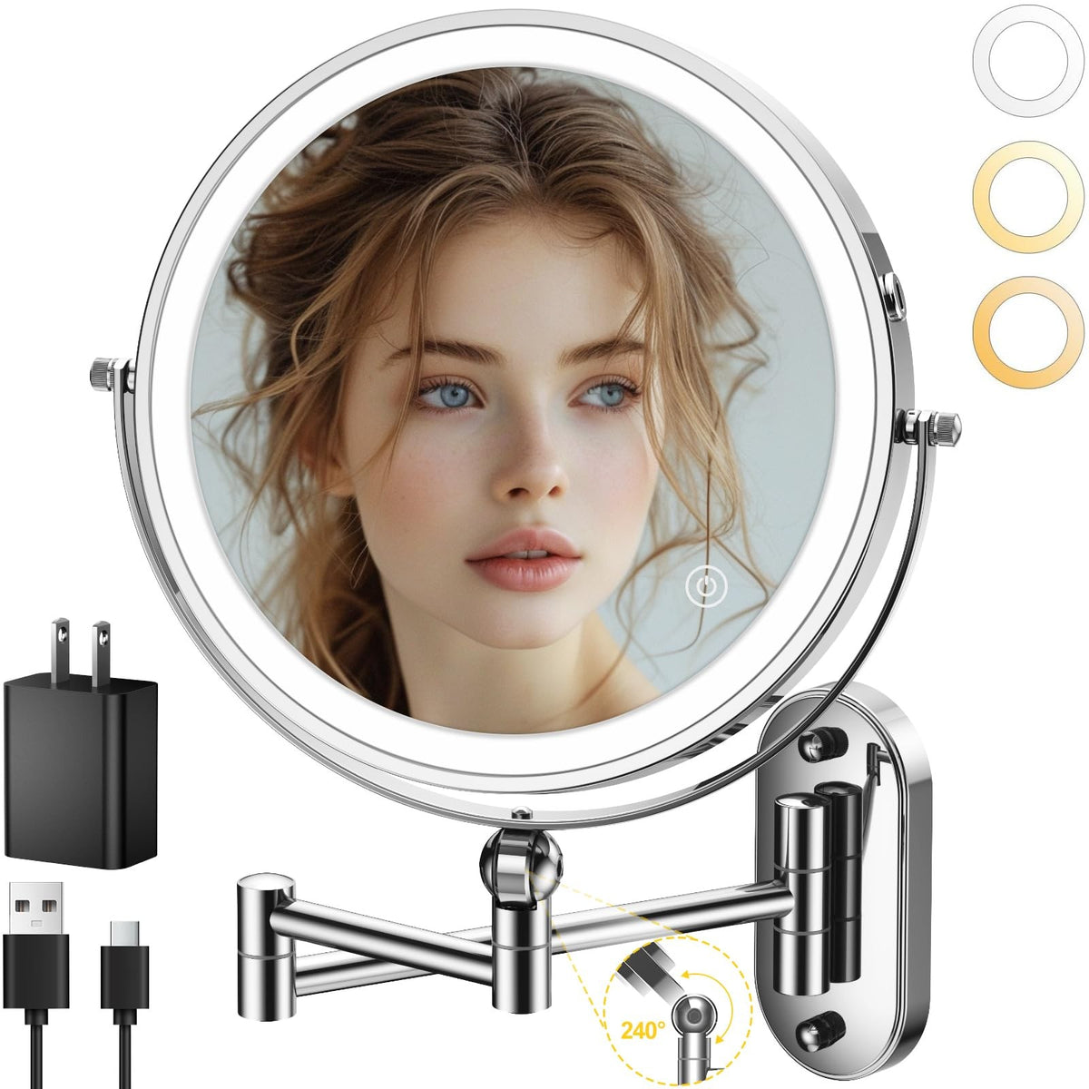 9-Inch Wall Mounted Lighted Makeup Mirror with Rechargeable Battery