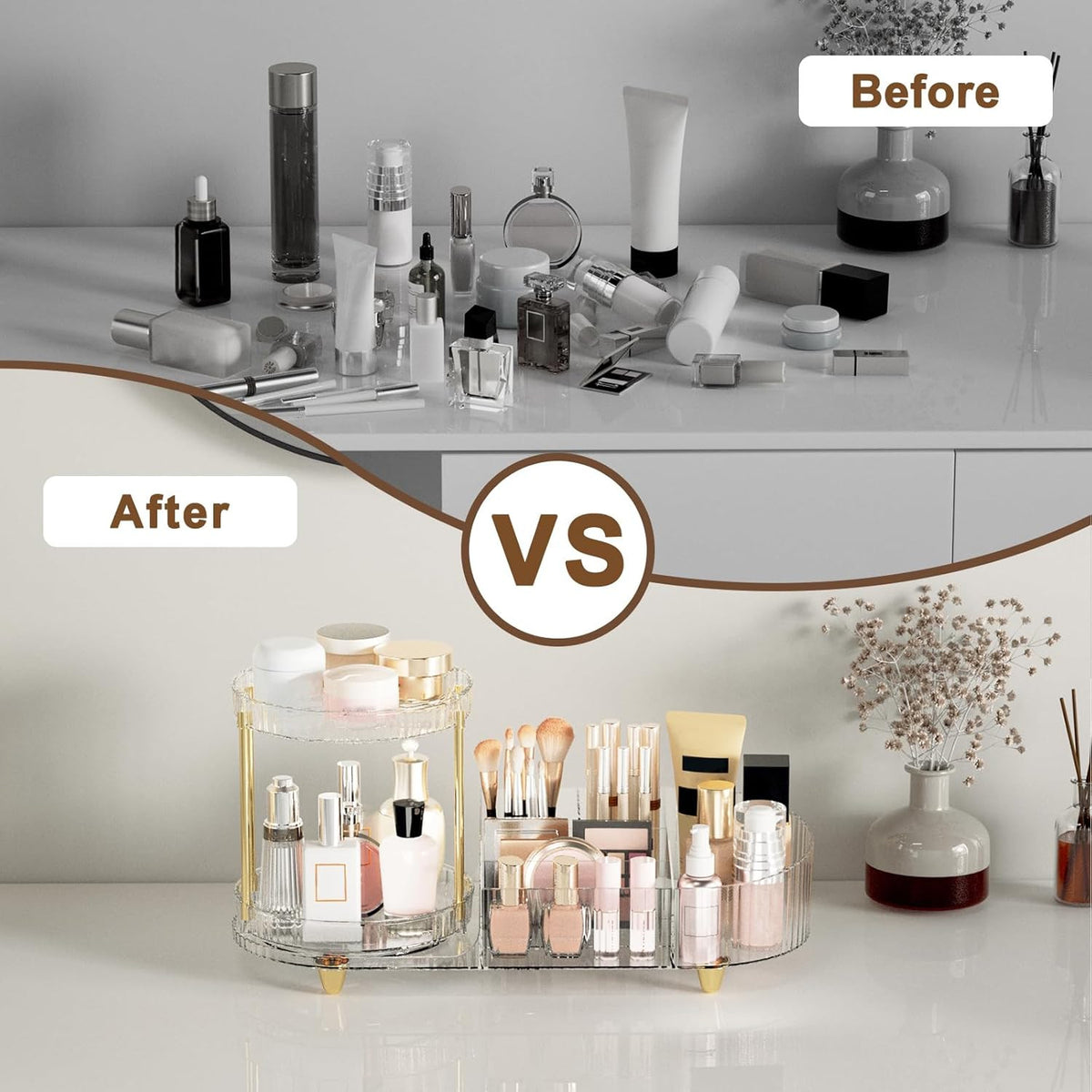 Rotating Makeup Organizer with 5 Compartments for Vanity and Countertop