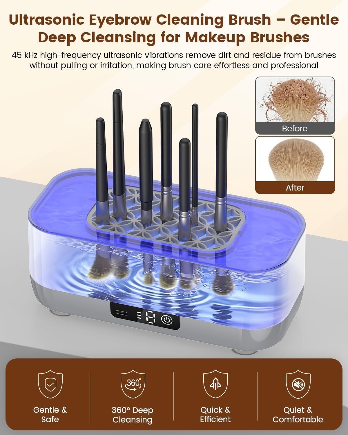 Ultrasonic Makeup Brush Cleaner Machine, 45KHz USB Rechargeable, 3 Timer Modes