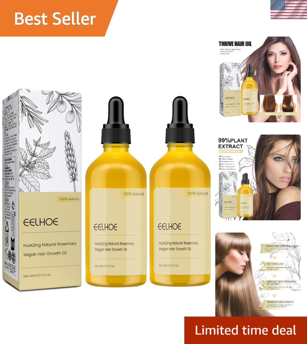 2 Pack Carvenchi Natural Hair Growth Oil with Organic Rosemary -