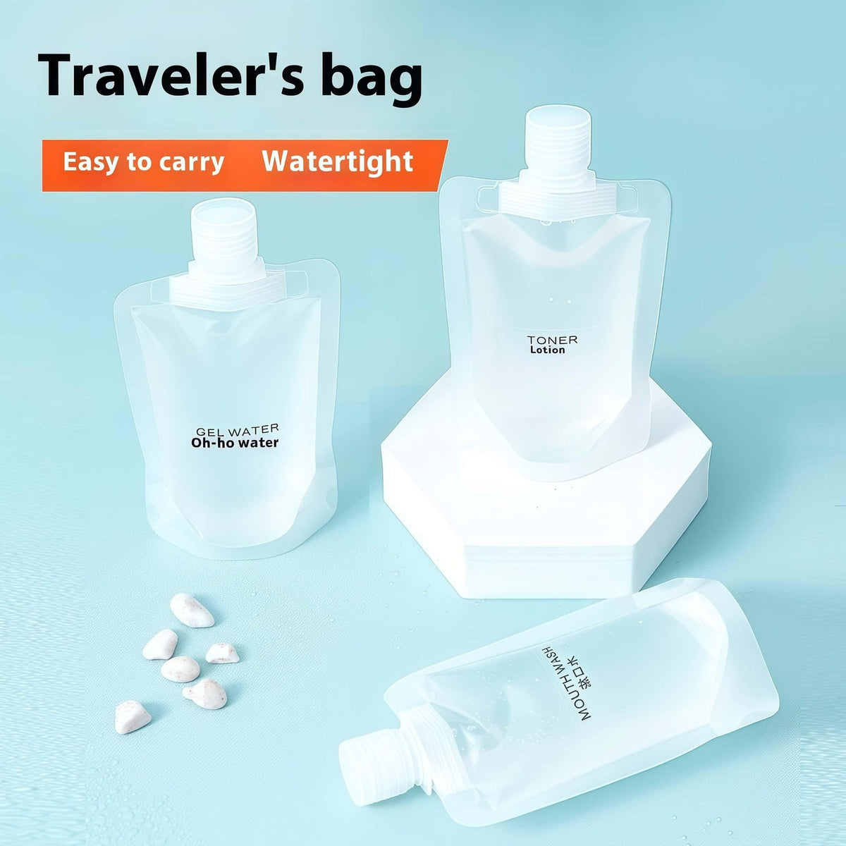 Travel Toiletry Containers Set - Refillable 100ML Stand Up Pouchs for Liquids