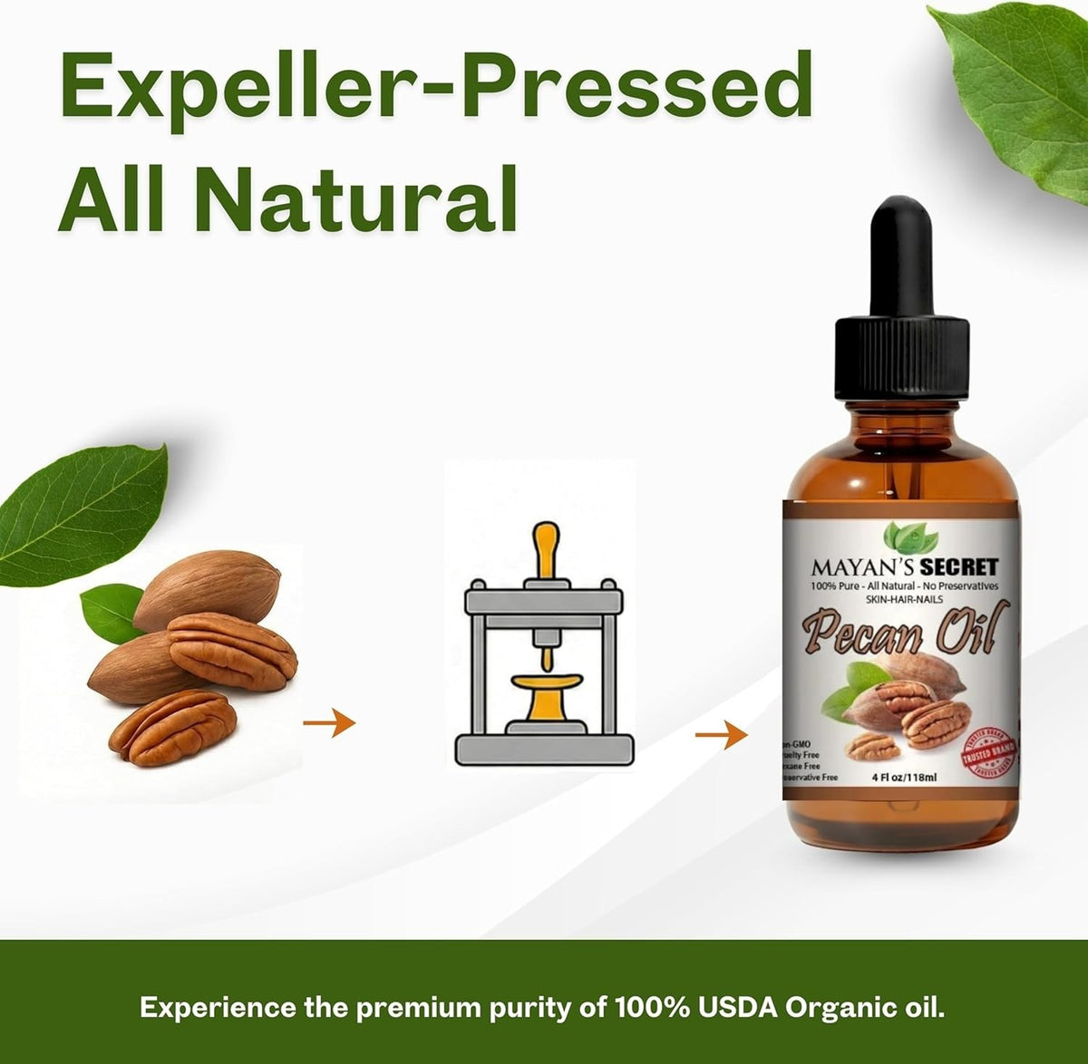 Pure Pecan Oil for Hair Skin Body Care - Cold Pressed 4oz
