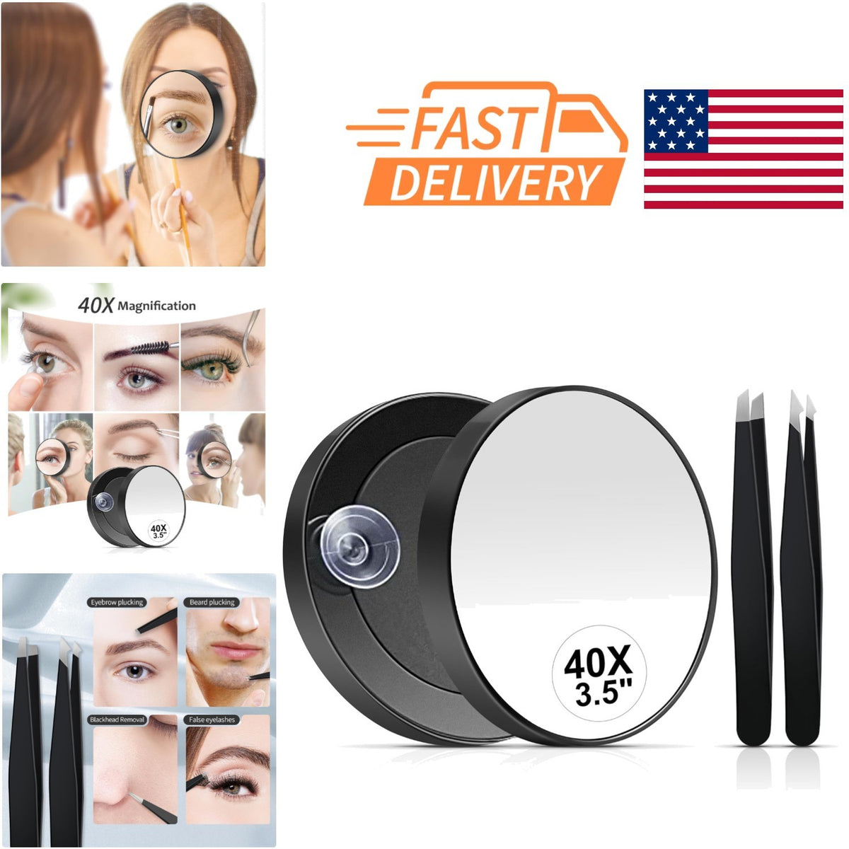 40X Magnifying Mirror with Stainless Steel Tweezers - Compact Handheld 3.5 Inch